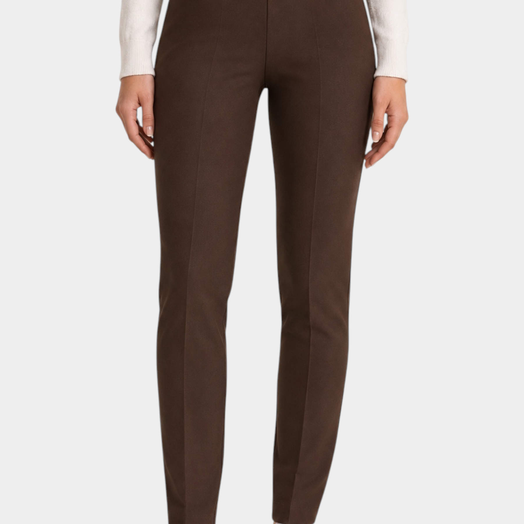 Follower SRL brown cigarette trousers with belt loops and clean tailored fit worn with a white sweater