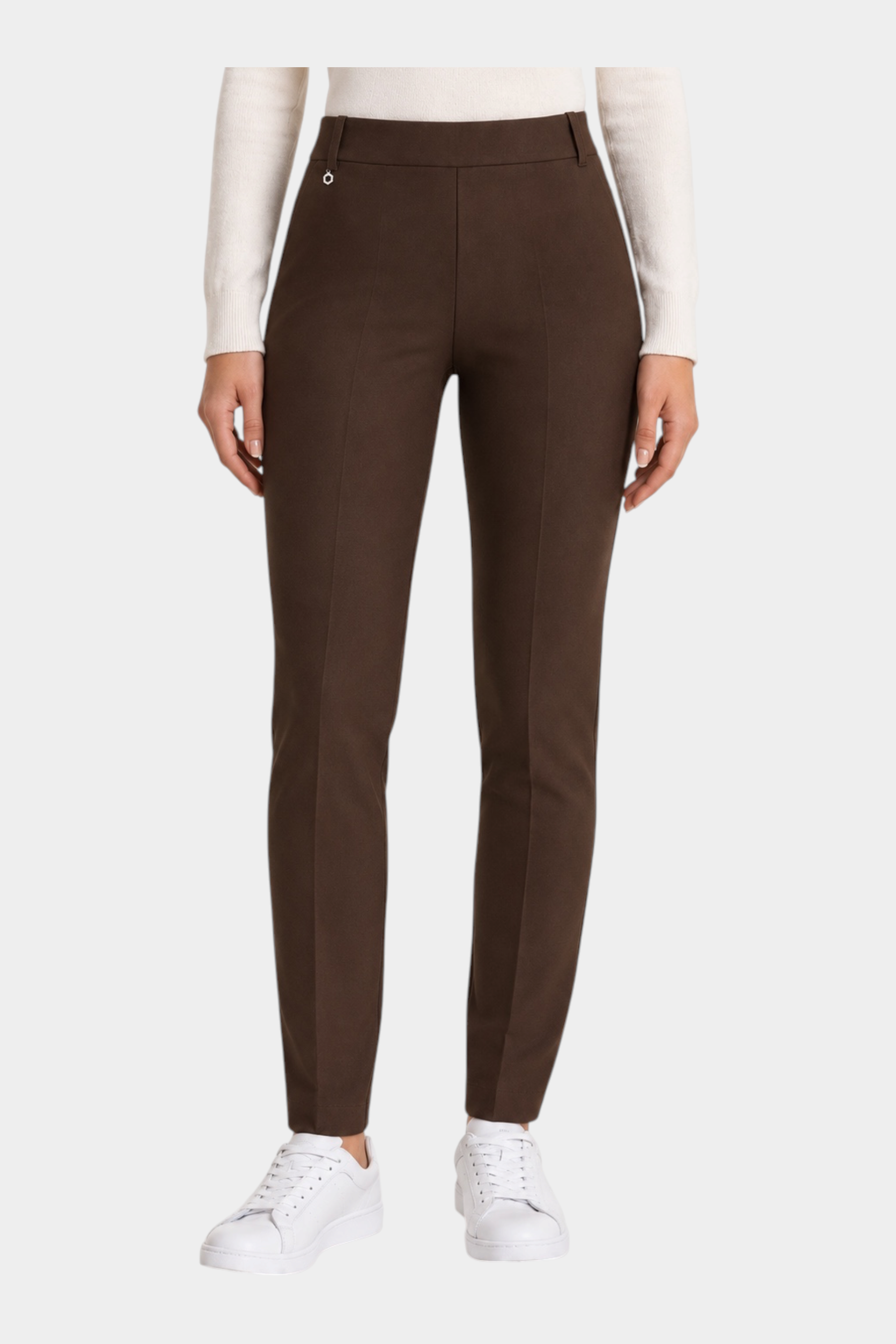 Follower SRL brown cigarette trousers with belt loops and clean tailored fit worn with a white sweater