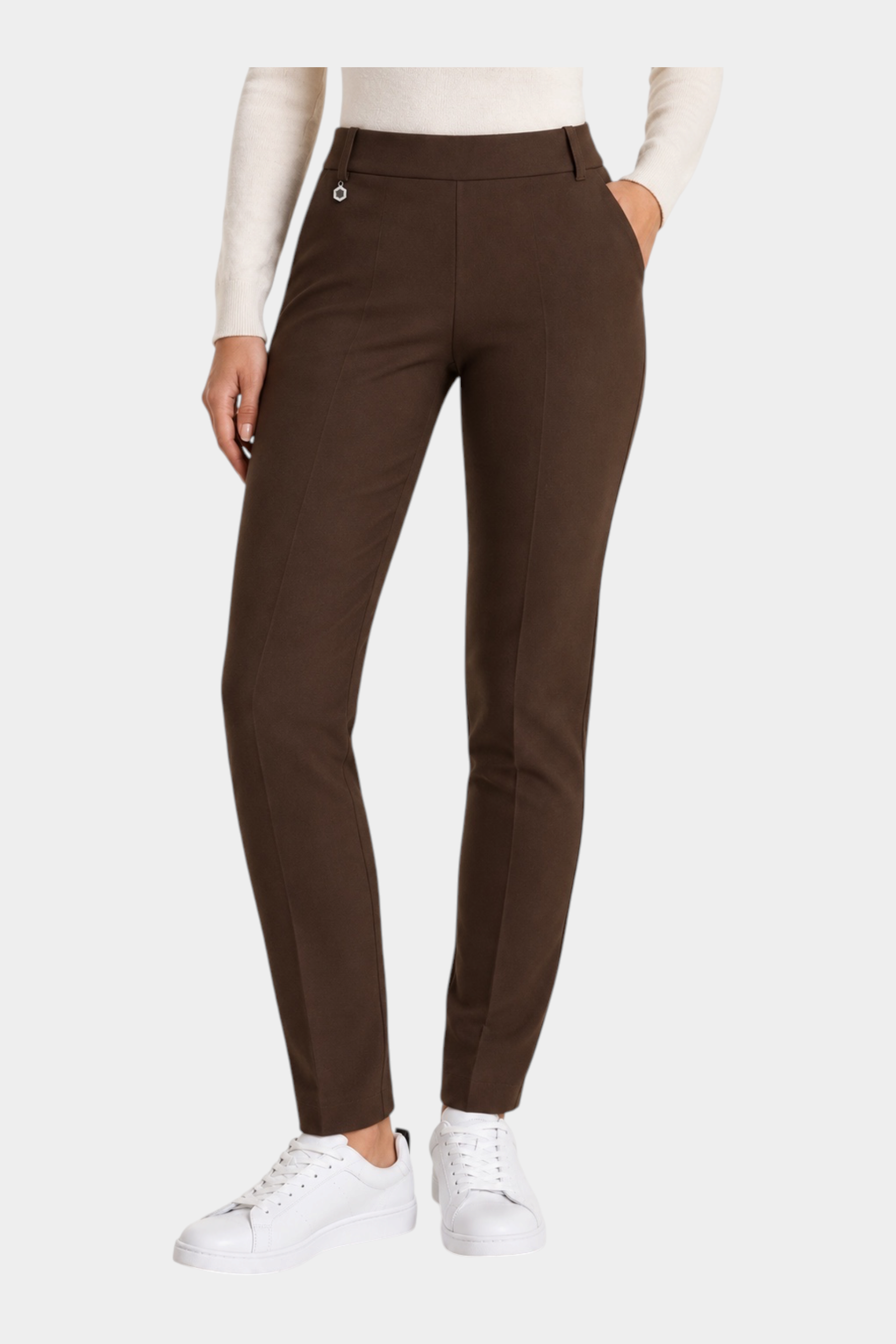 Follower SRL brown cigarette trousers with belt loops and front crease detail worn with a white top and sneakers