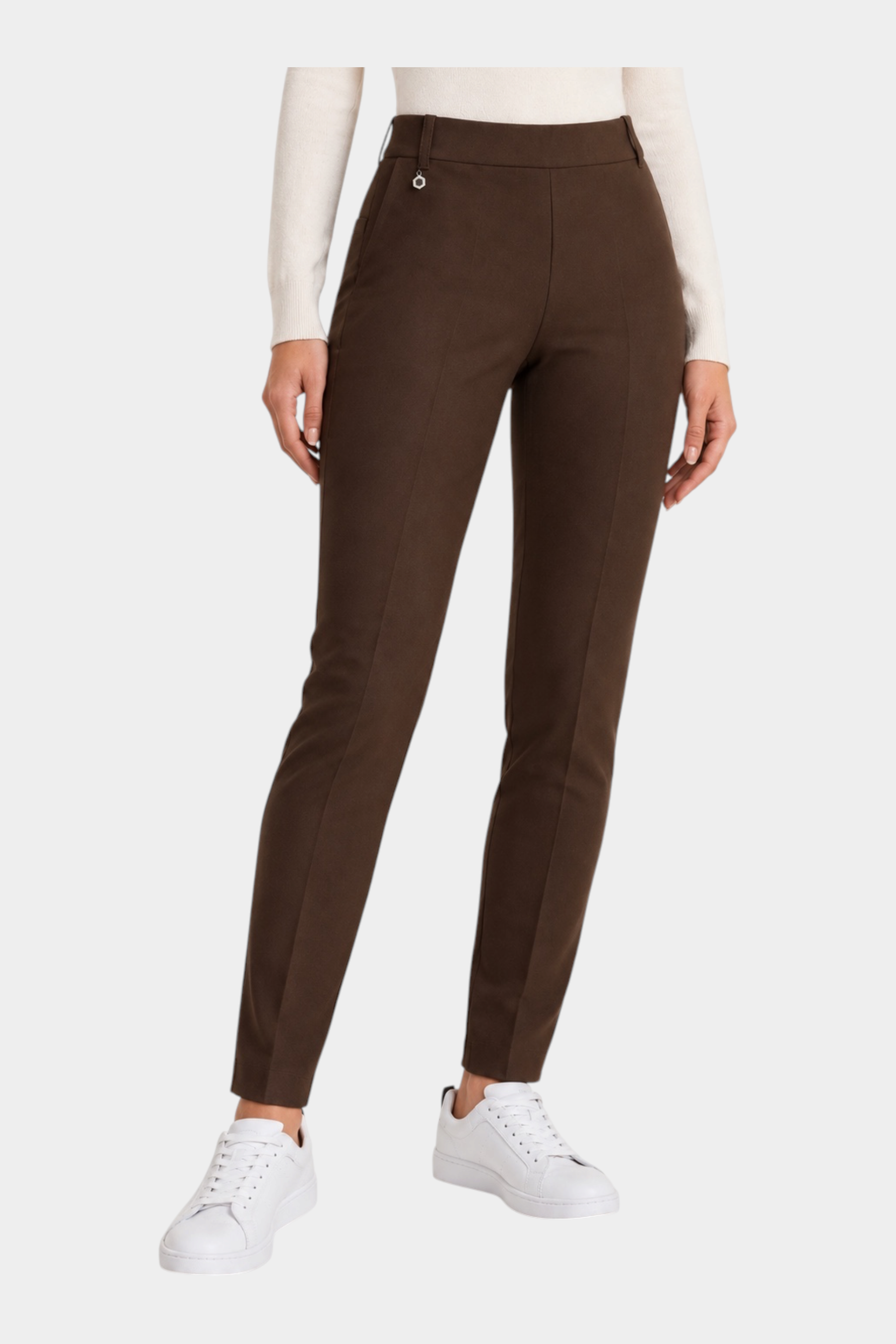 Follower SRL brown cigarette trousers for women in compact fabric with belt loops and a small metallic detail