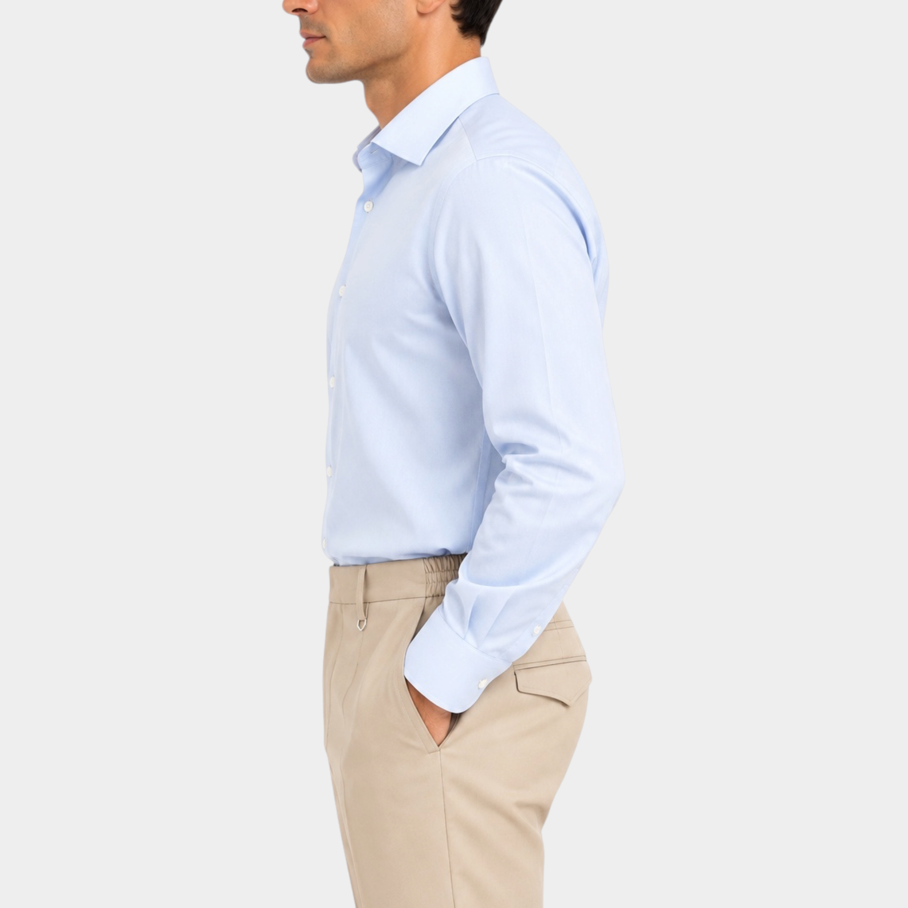 Camicia Follower SRL azzurra super elasticizzata regular fit indossata da un modello di profilo
