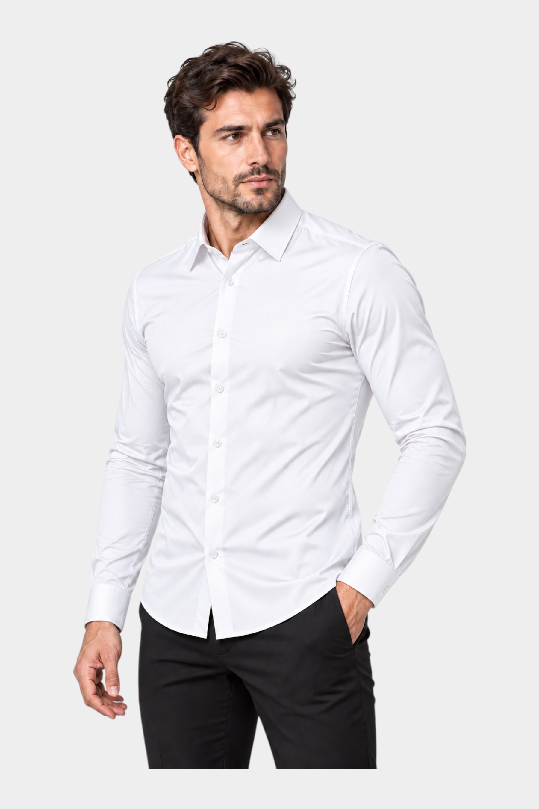 Camicia bianca a maniche lunghe Follower SRL in nylon ed elastan, taglio sartoriale Made in Italy indossata da uomo