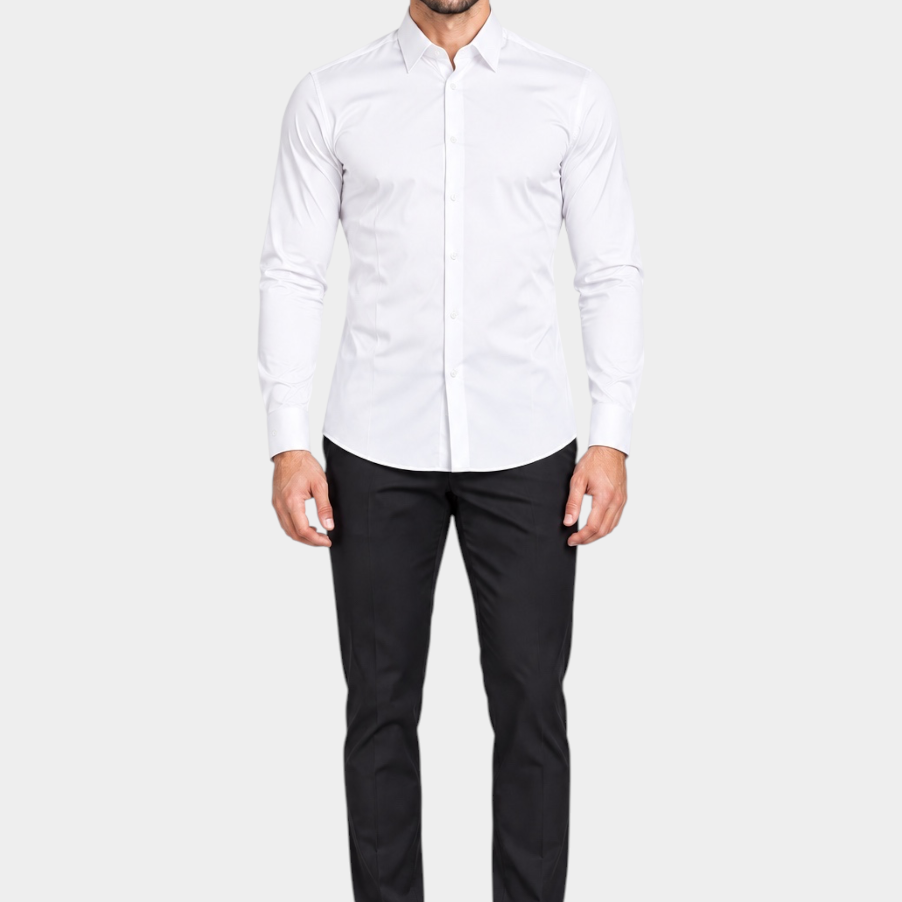 Modello indossa camicia bianca a maniche lunghe Follower SRL in nylon ed elastan, Made in Italy, taglio elegante