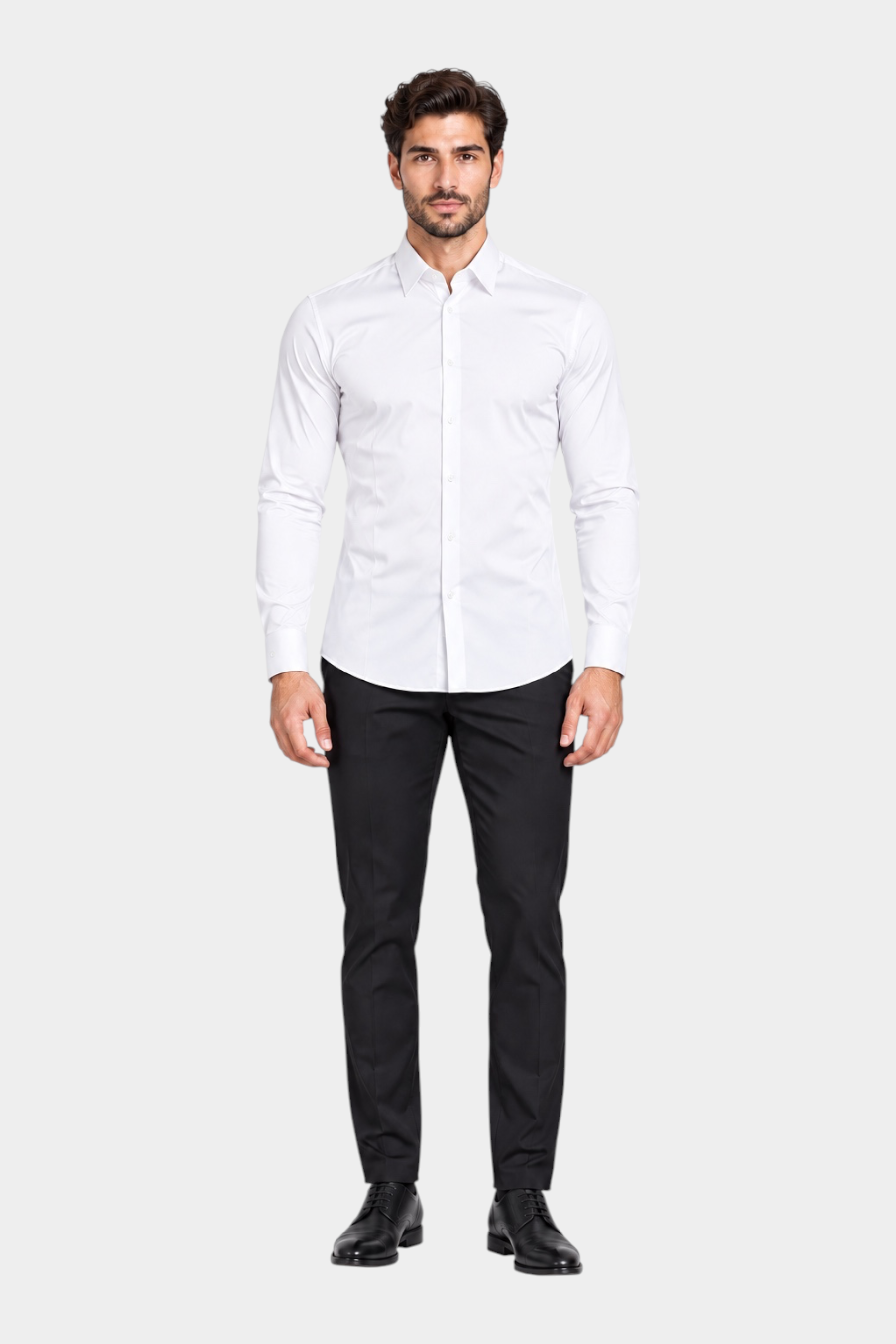 Modello indossa camicia bianca a maniche lunghe Follower SRL in nylon ed elastan, Made in Italy, taglio elegante