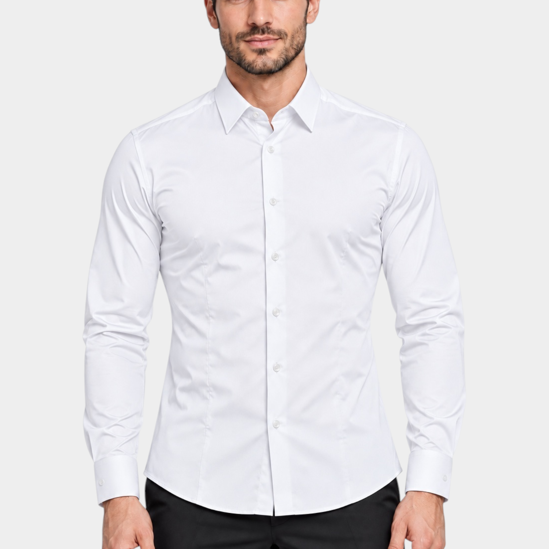 Camicia bianca a maniche lunghe Follower SRL in nylon ed elastan indossata da un modello