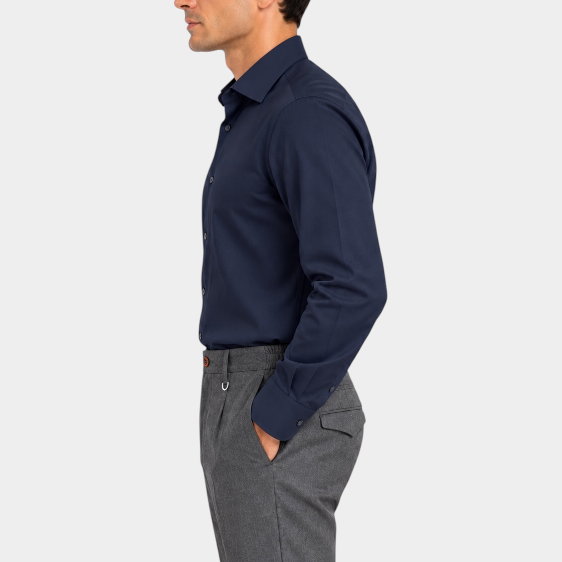 Camicia blu super elasticizzata regular fit IMPERIAL indossata da un modello, vista laterale, Follower SRL