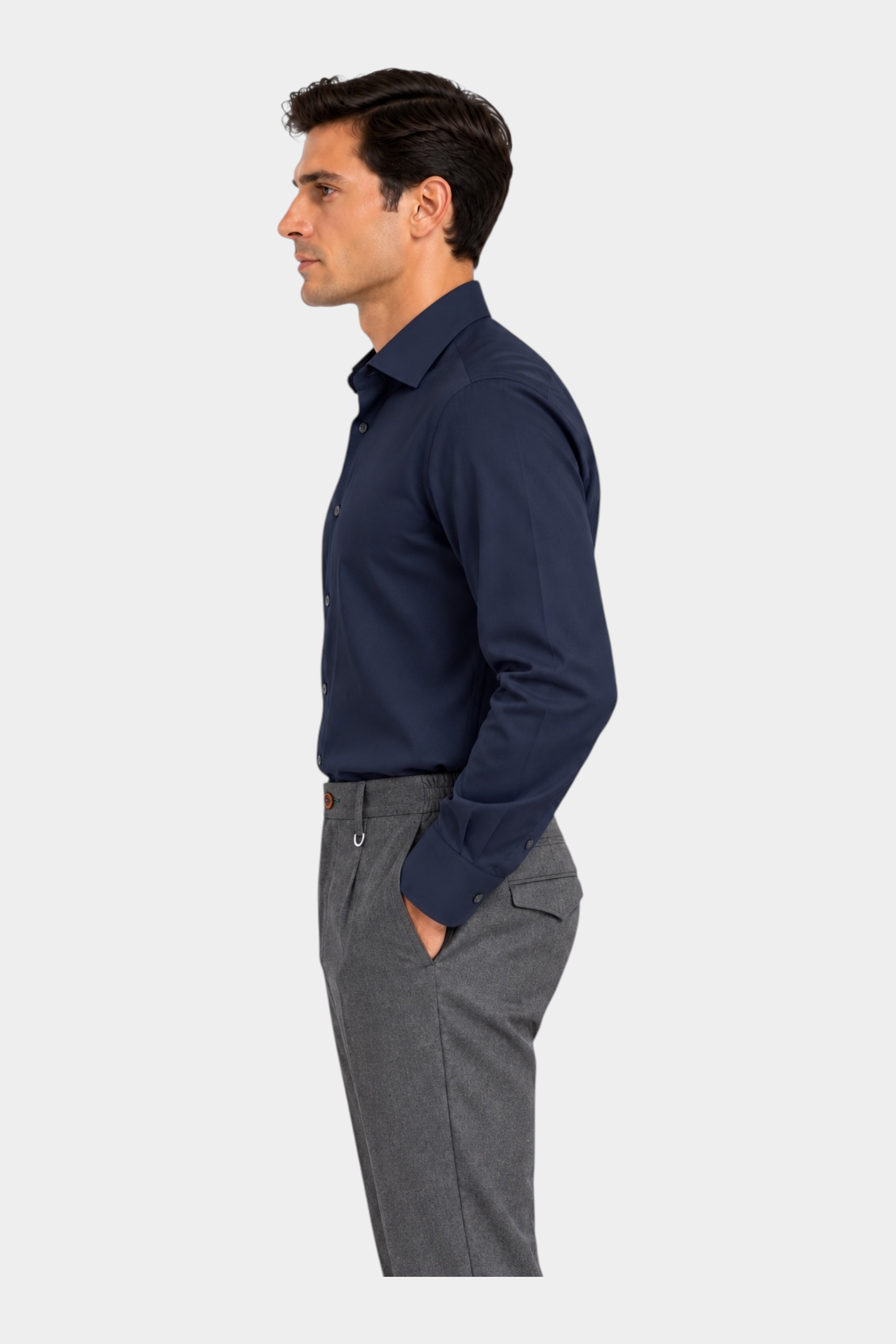 Camicia blu super elasticizzata regular fit IMPERIAL indossata da un modello, vista laterale, Follower SRL