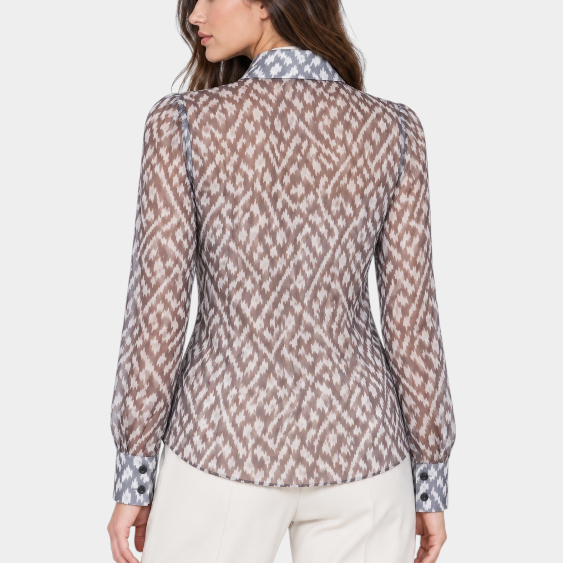Camicia luxury donna Follower SRL con stampa geometrica marrone, colletto e polsini a contrasto, vista posteriore
