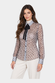 Camicia luxury Donna Nero PDK di Follower SRL con stampa geometrica, colletto a contrasto e fiocco nero al collo