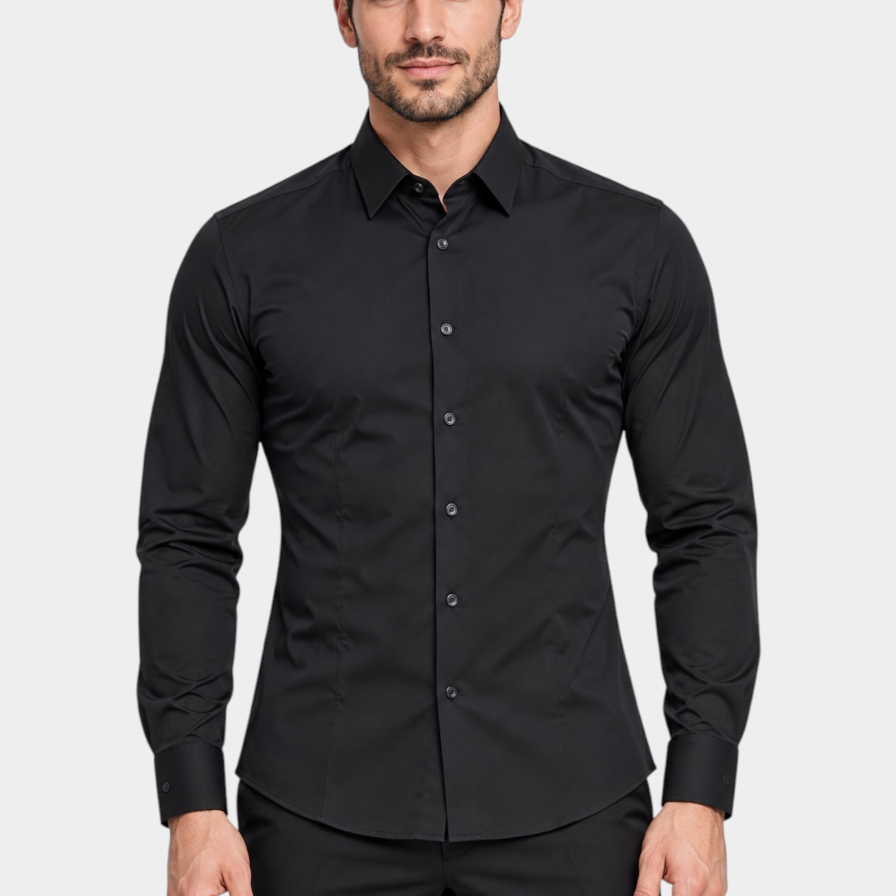 Modello indossa camicia nera a maniche lunghe Follower SRL in nylon ed elastan, design elegante Made in Italy