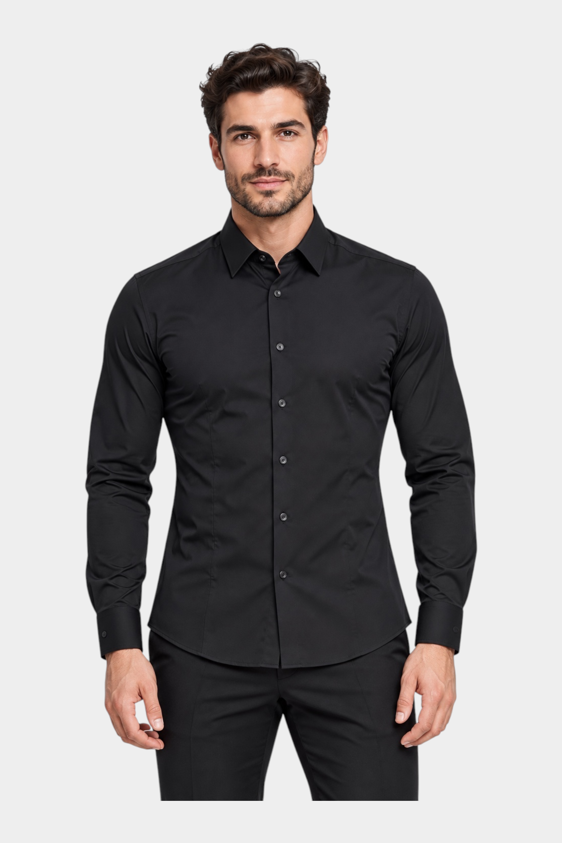 Modello indossa camicia nera a maniche lunghe Follower SRL in nylon ed elastan, design elegante Made in Italy