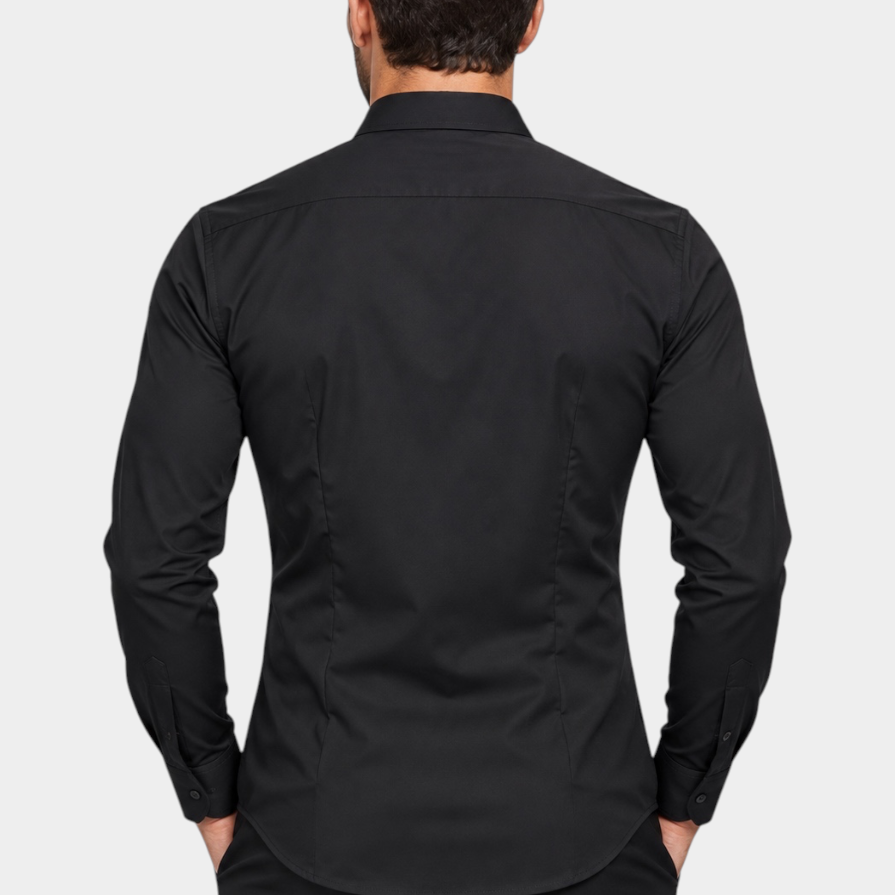 Vista posteriore di una camicia nera a maniche lunghe Follower SRL in nylon ed elastan, taglio sartoriale Made in Italy