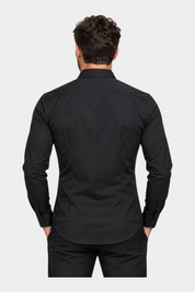 Vista posteriore di una camicia nera a maniche lunghe Follower SRL in nylon ed elastan, taglio sartoriale Made in Italy