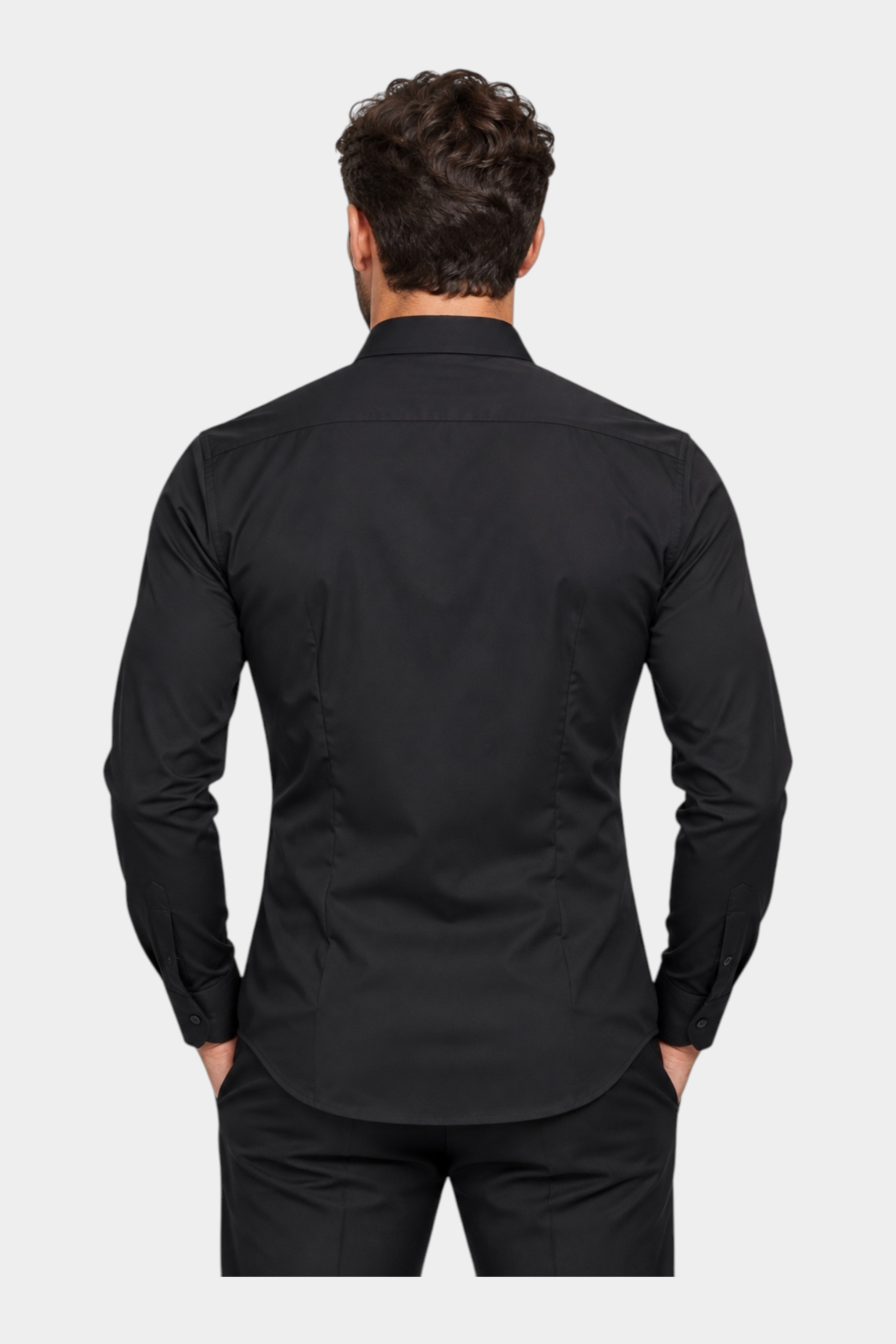 Vista posteriore di una camicia nera a maniche lunghe Follower SRL in nylon ed elastan, taglio sartoriale Made in Italy