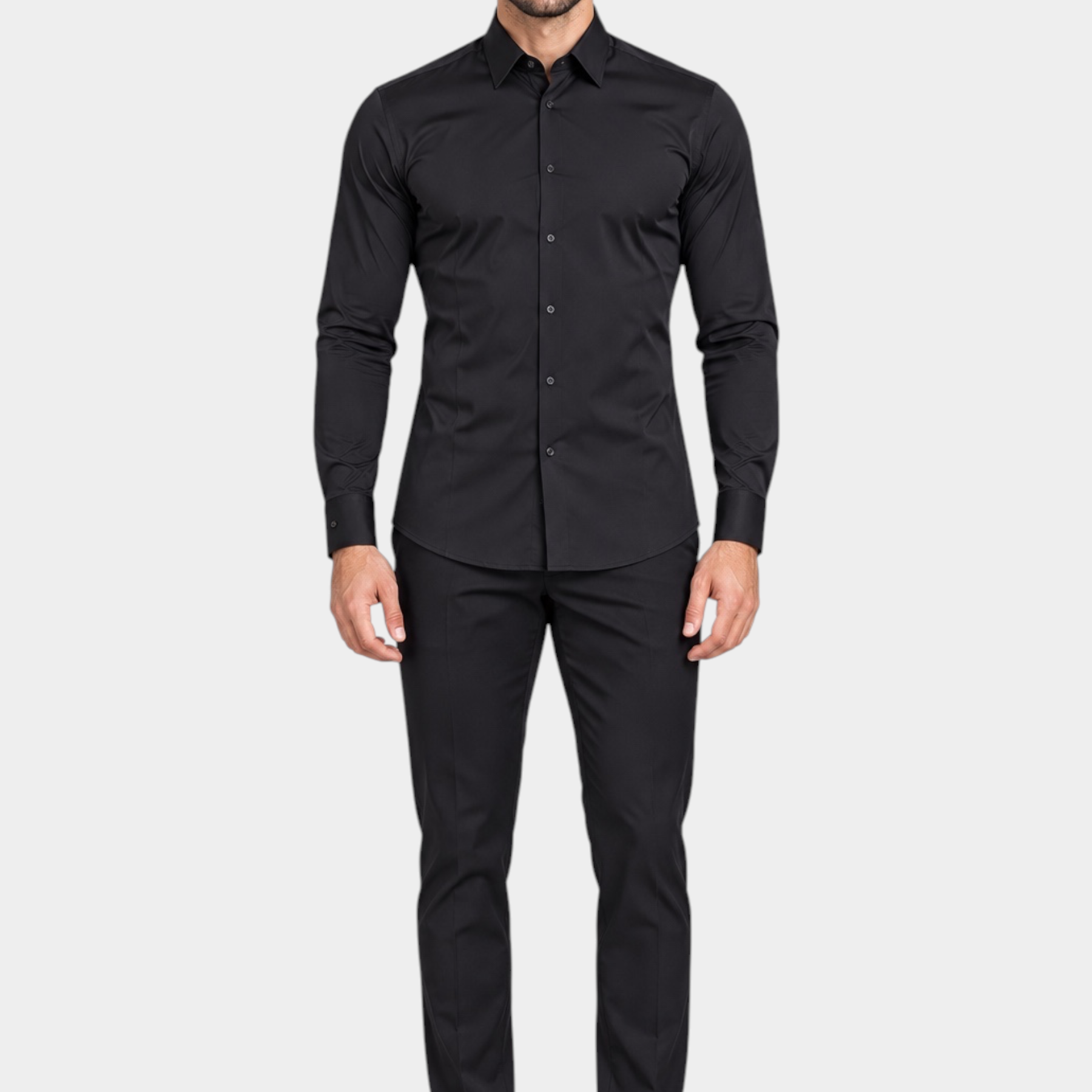 Modello indossa camicia nera a maniche lunghe Daniele Alessandrini in nylon ed elastan, Follower SRL