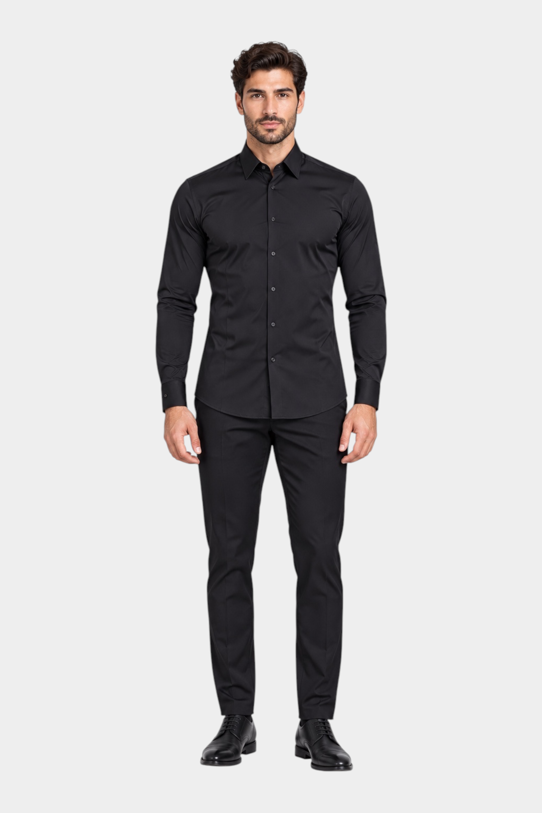 Modello indossa camicia nera a maniche lunghe Daniele Alessandrini in nylon ed elastan, Follower SRL