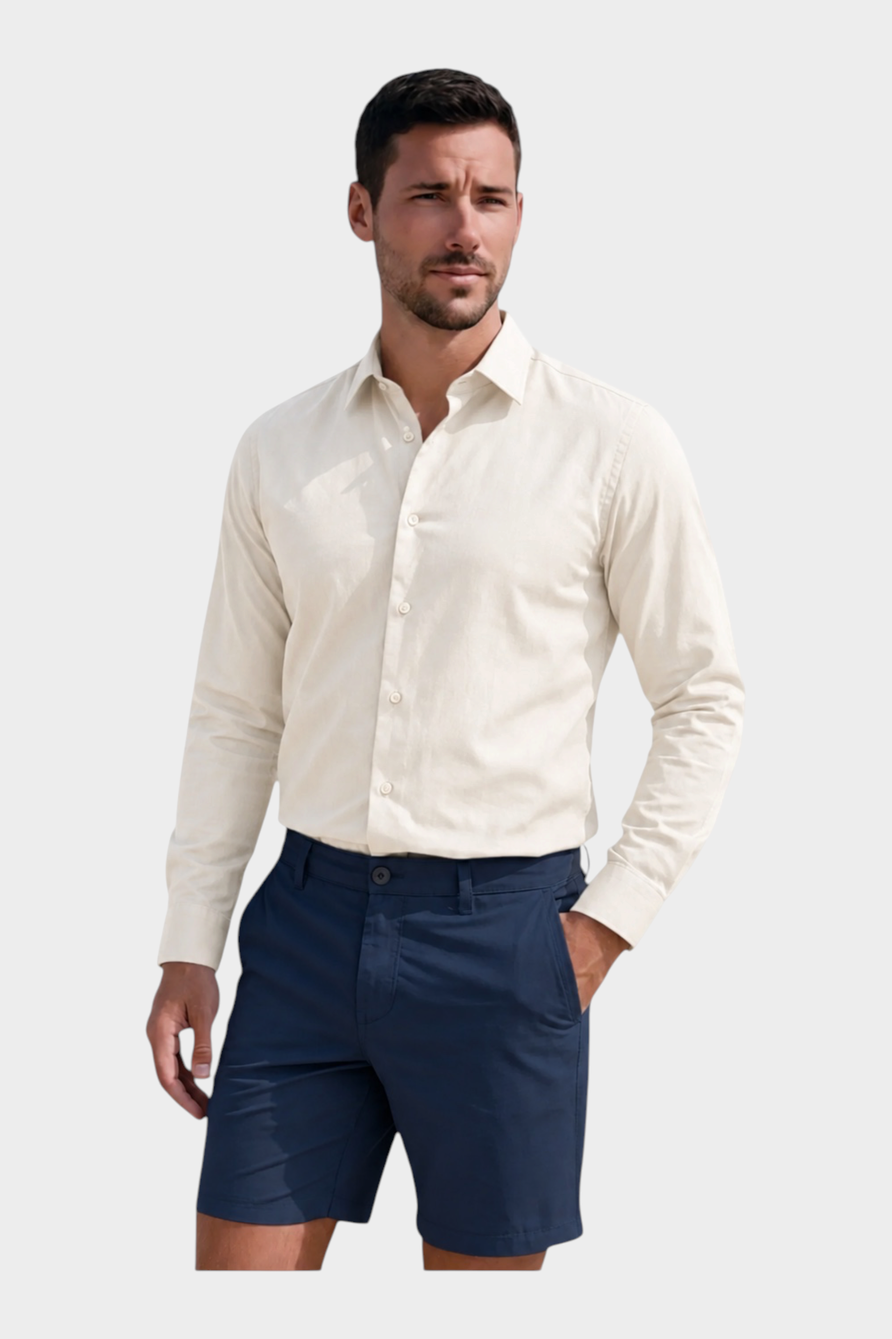 Modello indossa camicia slim avorio MACKTEN di Follower SRL con pantaloni corti blu su sfondo bianco