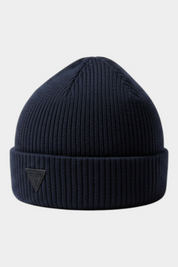 Cappello a cuffia Follower SRL GUESS blu in maglia a coste con logo triangolare frontale