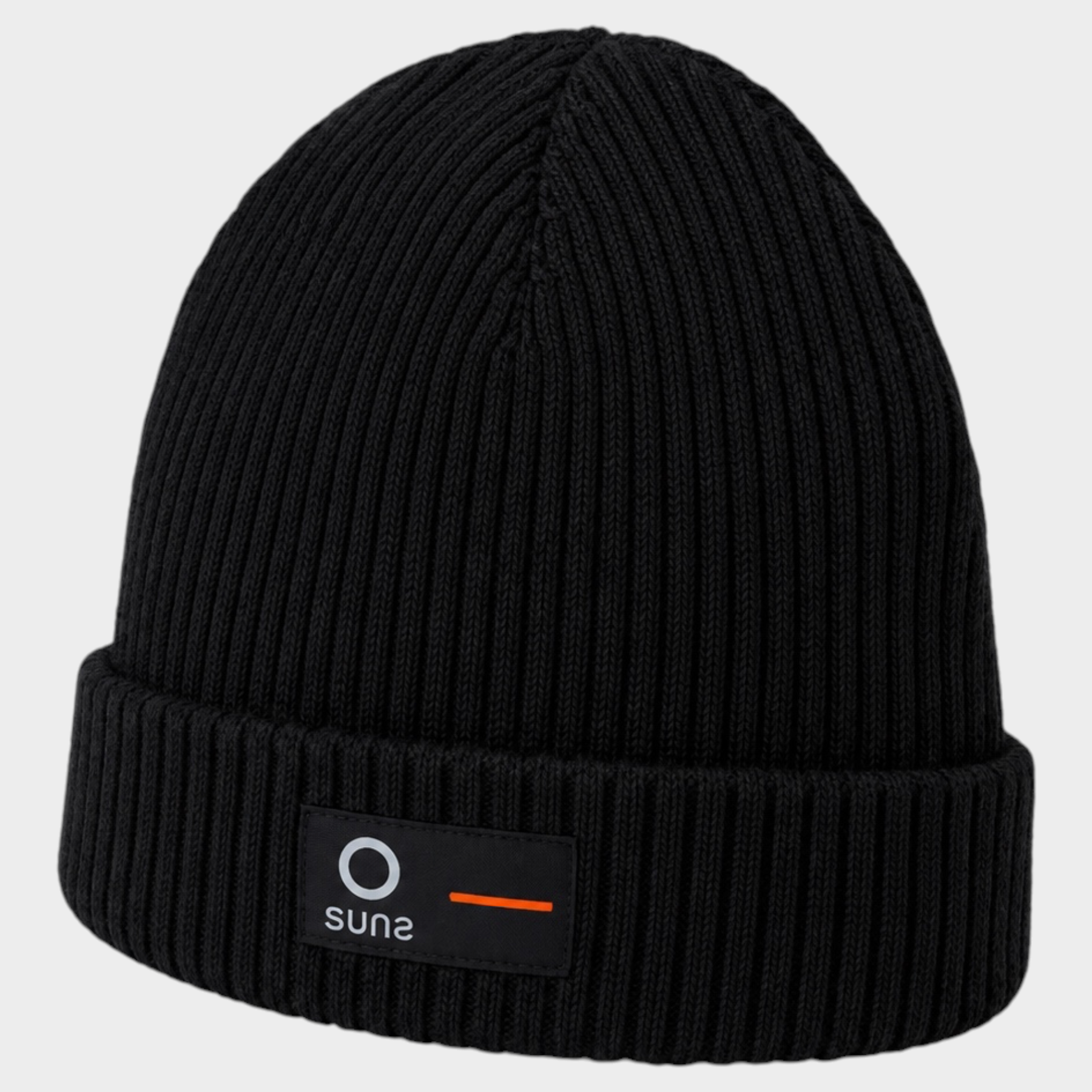 Cappello a cuffia unisex nero a coste Follower SRL con patch logo SUNS BOARDS frontale