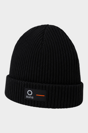 Cappello a cuffia unisex nero a coste Follower SRL con patch logo SUNS BOARDS frontale