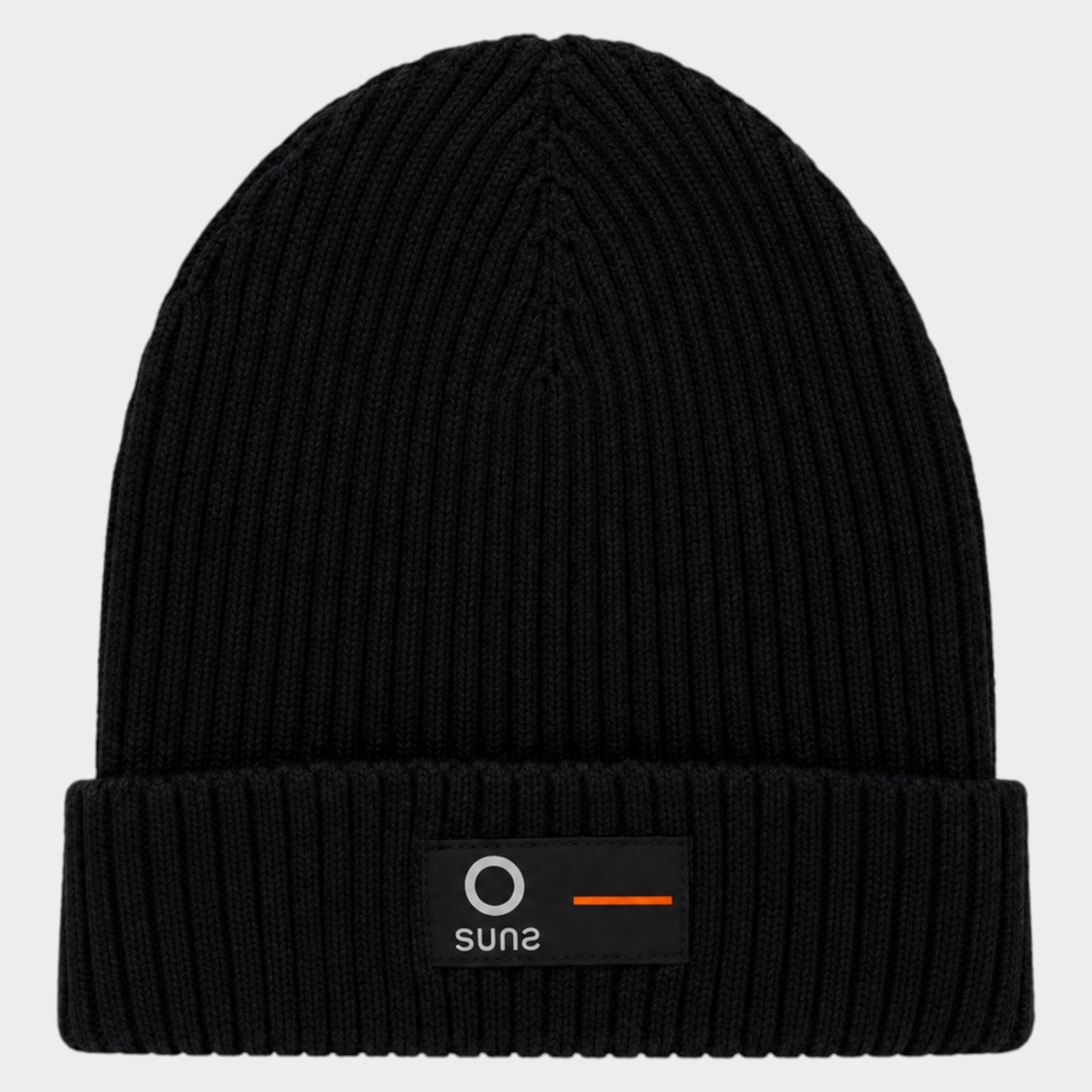Cappello a cuffia unisex nero a coste Follower SRL con patch logo SUNS BOARDS frontale