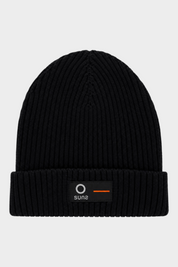 Cappello a cuffia unisex nero a coste Follower SRL con patch logo SUNS BOARDS frontale