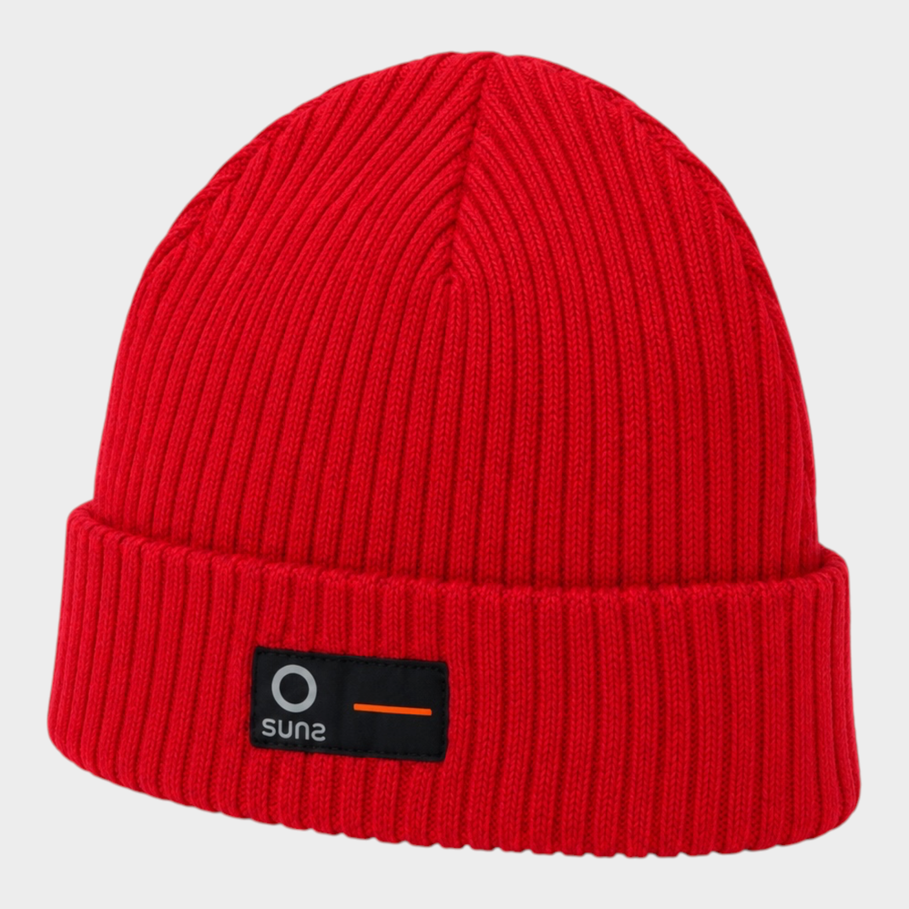 Cappello a cuffia unisex rosso a coste Follower SRL con etichetta logo SUNS BOARDS sul risvolto