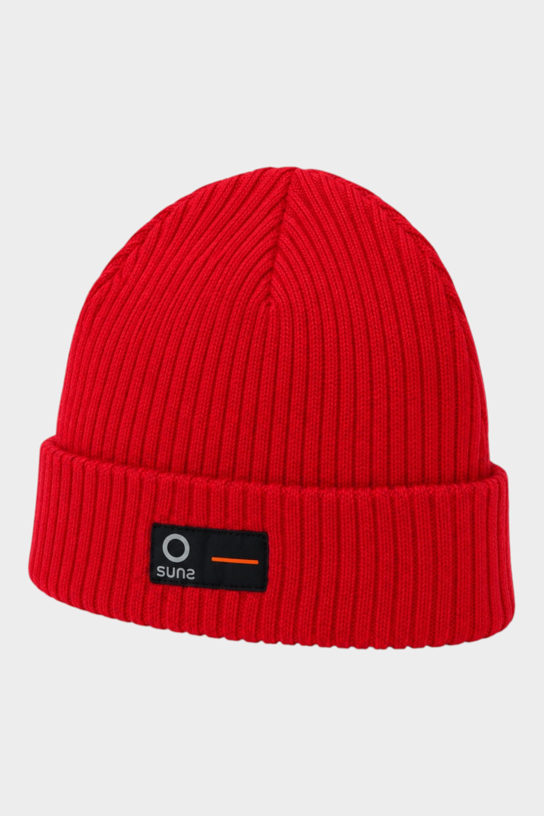 Cappello a cuffia unisex rosso a coste Follower SRL con etichetta logo SUNS BOARDS sul risvolto
