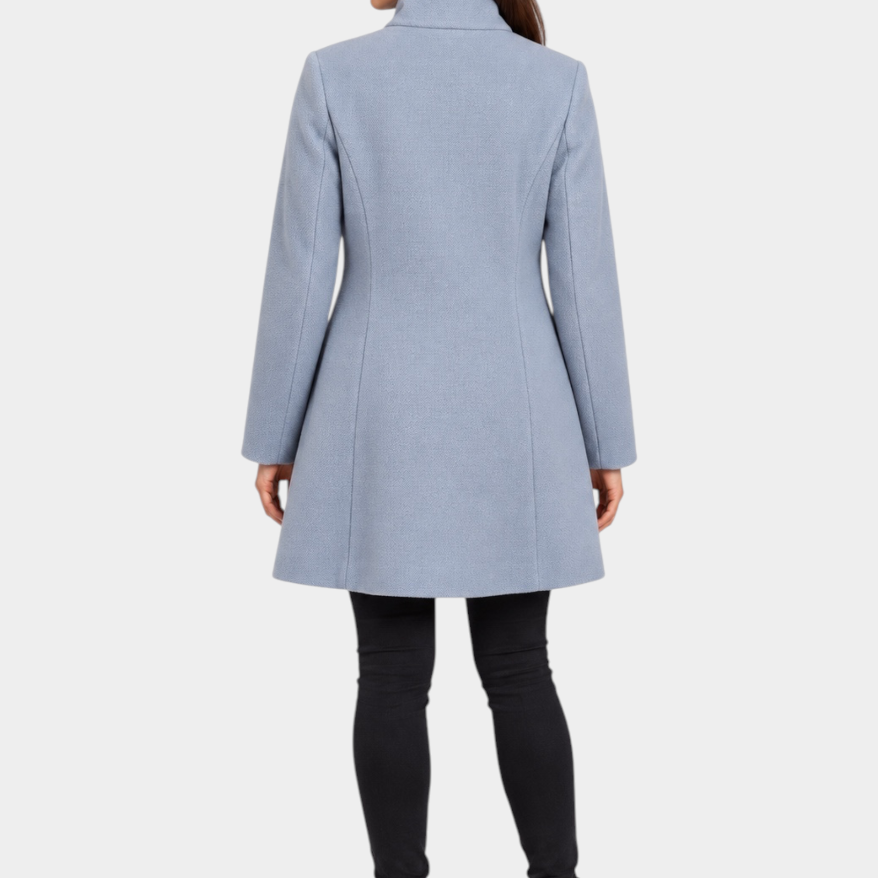 Vista posteriore di un cappotto iconico Follower SRL azzurro con colletto rialzato indossato da una modella