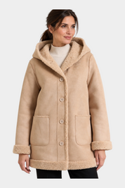 Cappotto lungo color cammello Follower SRL con cappuccio, interno in pelliccia sintetica e chiusura a bottoni