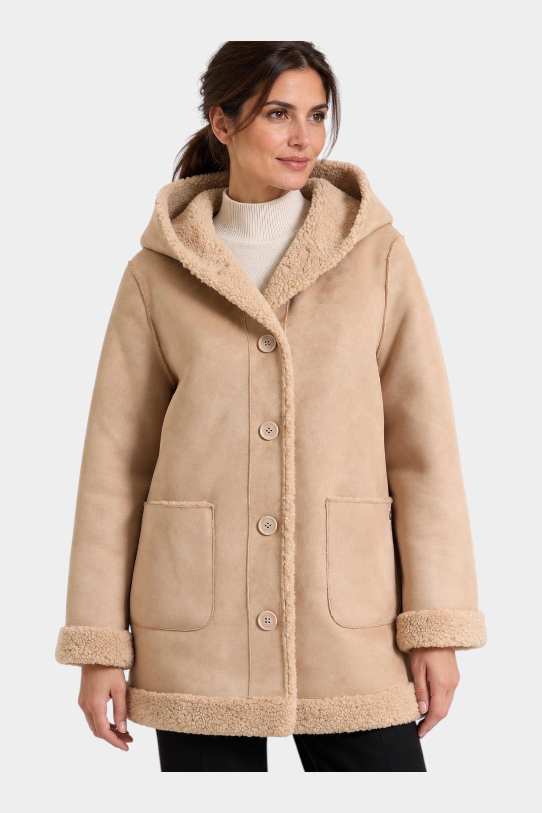 Cappotto lungo color cammello Follower SRL con cappuccio, interno in pelliccia sintetica e chiusura a bottoni