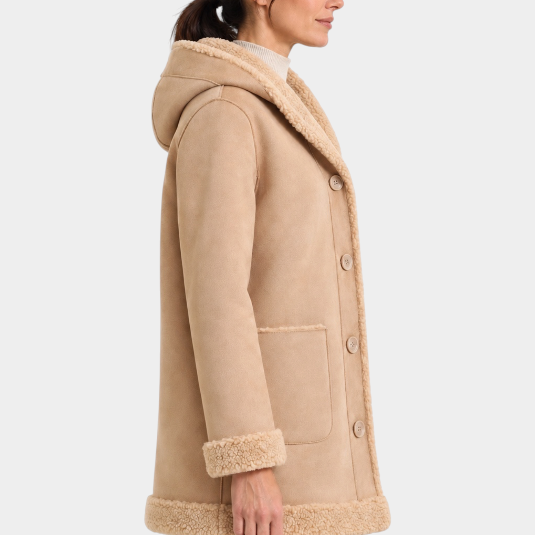 Cappotto lungo color cammello Follower SRL con cappuccio, interno in morbido pile e chiusura frontale a bottoni