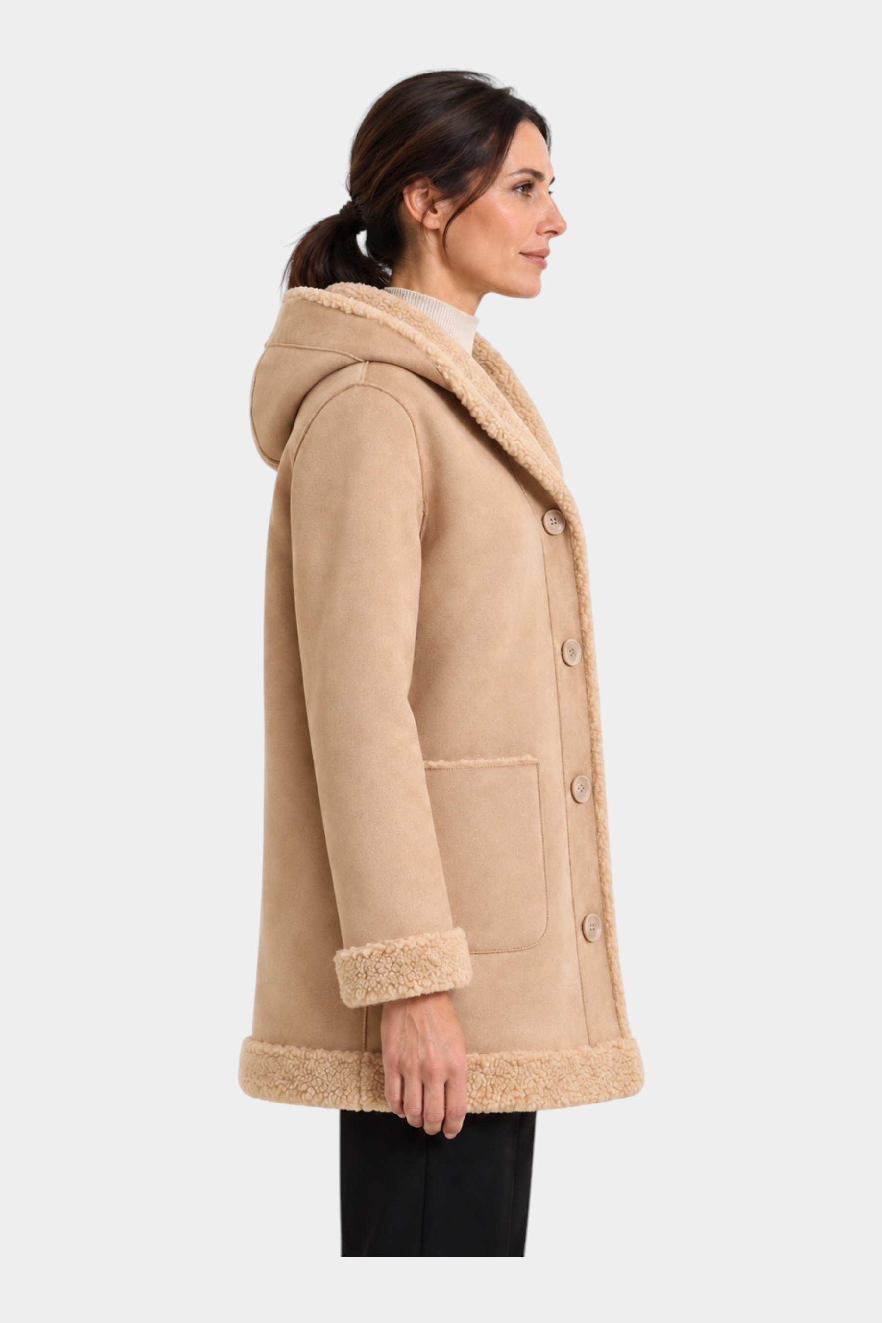 Cappotto lungo color cammello Follower SRL con cappuccio, interno in morbido pile e chiusura frontale a bottoni