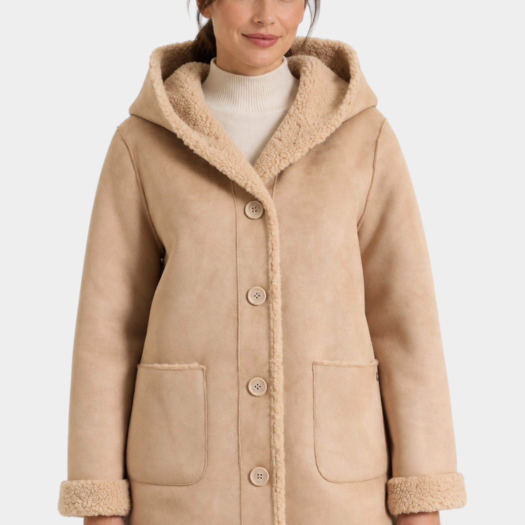 Cappotto lungo color cammello con cappuccio e interno in pelliccia sintetica Follower SRL, stile casual invernale