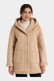 Cappotto lungo color cammello con cappuccio e interno in pelliccia sintetica Follower SRL, stile casual invernale