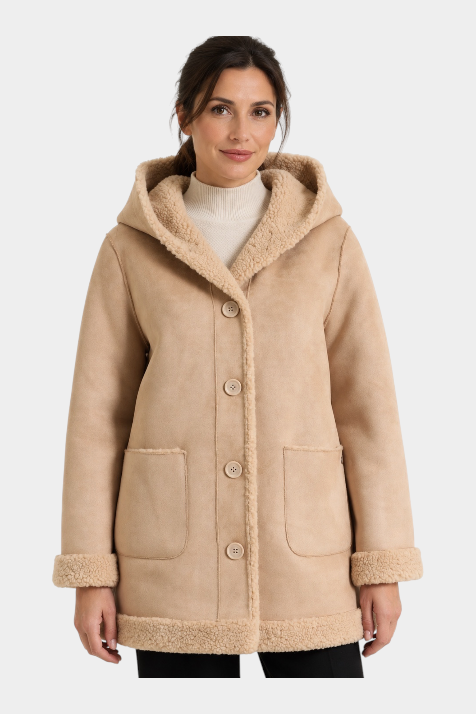 Cappotto lungo color cammello con cappuccio e interno in pelliccia sintetica Follower SRL, stile casual invernale