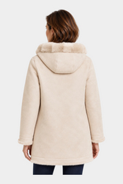Cappotto reversibile lungo beige con cappuccio e finiture in pelliccia sintetica Follower SRL, vista posteriore