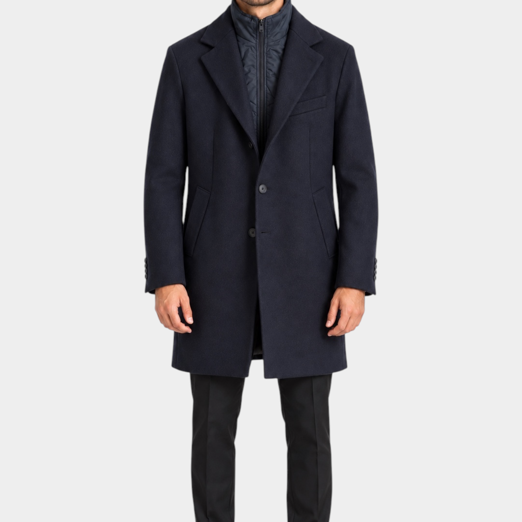 Modello indossa cappotto lungo blu regular-fit IMPERIAL con inserto trapuntato, stile elegante Follower SRL