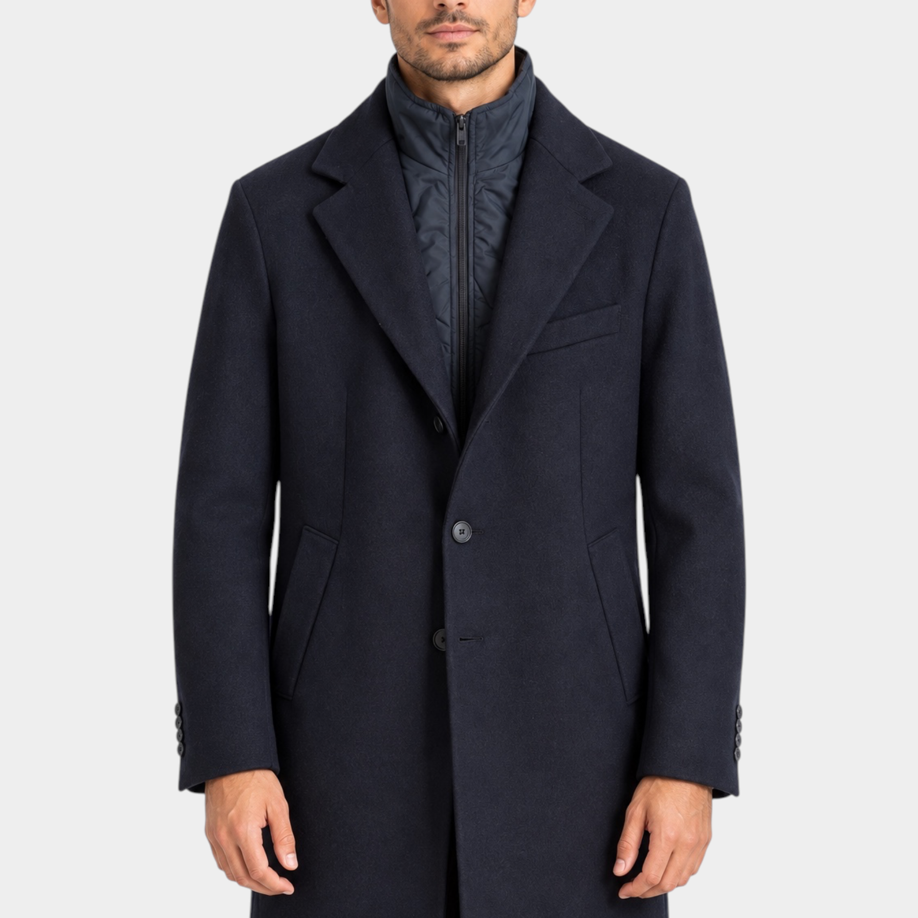 Cappotto lungo blu regular-fit IMPERIAL indossato da un modello, con gilet interno imbottito, Follower SRL