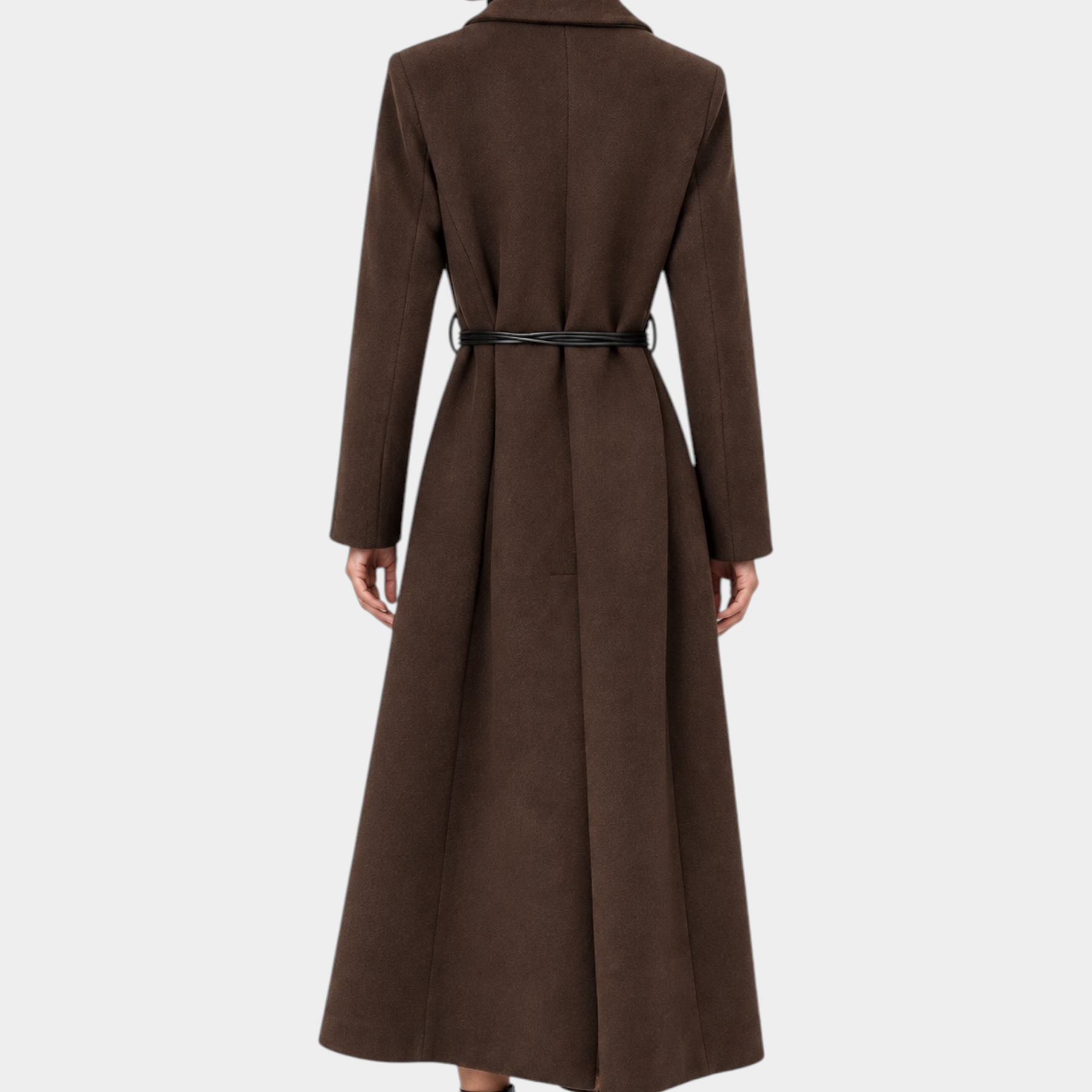 Cappotto lungo marrone Follower SRL con cintura in vita indossato da una modella, vista posteriore