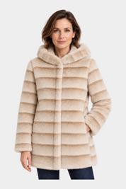 Cappotto lungo reversibile Follower SRL color beige con cappuccio e texture a righe orizzontali effetto pelliccia
