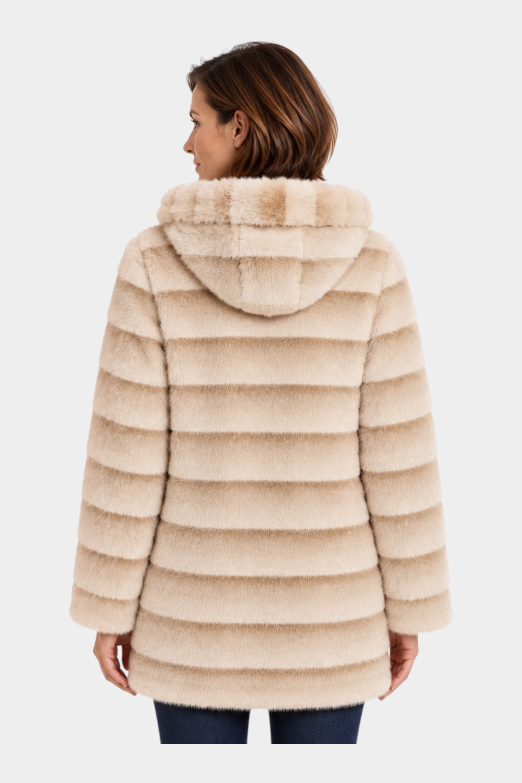 Cappotto reversibile lungo con cappuccio beige Follower SRL indossato da una donna, vista posteriore