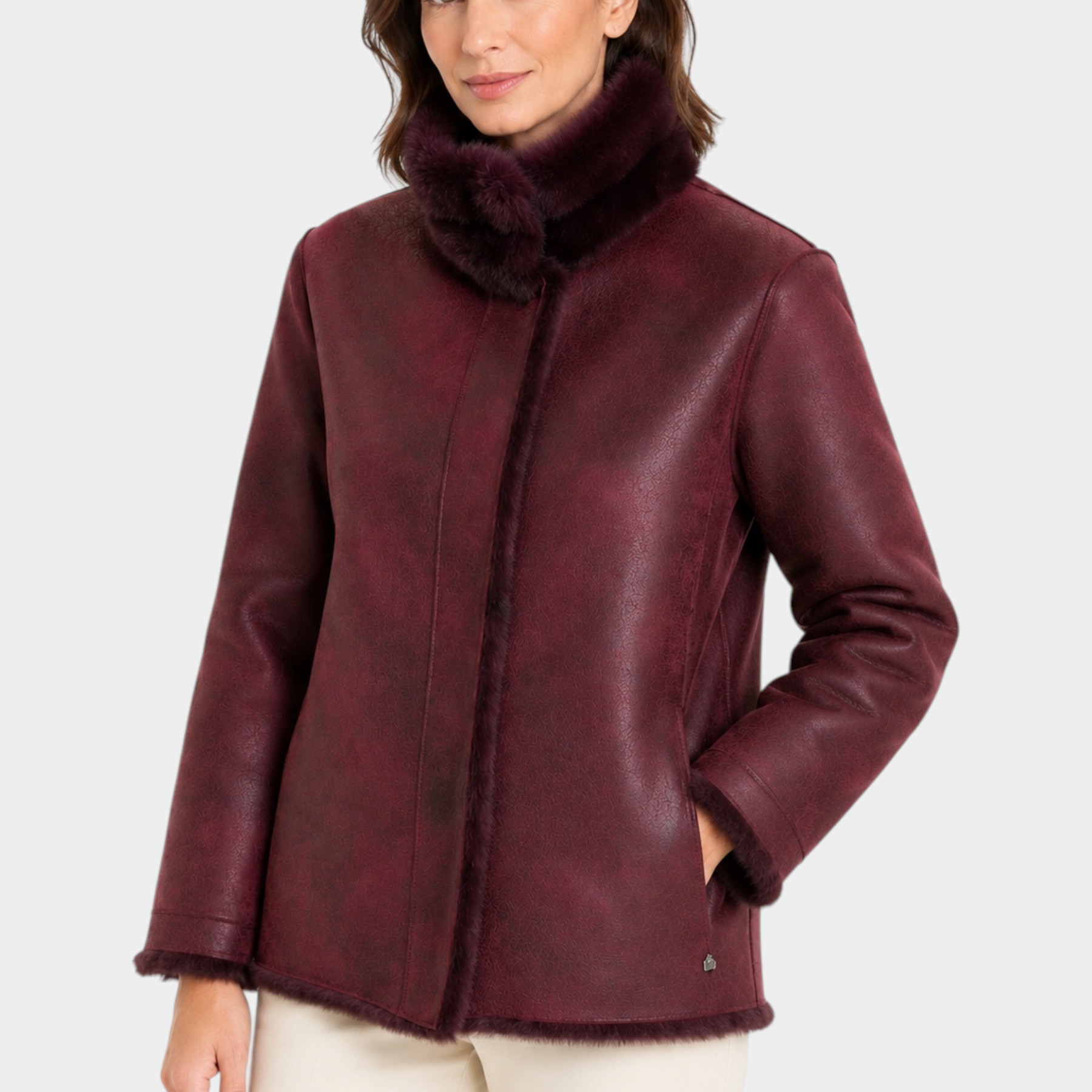 Cappotto reversibile da donna bordeaux RAGNO di Follower SRL con collo alto in pelliccia sintetica