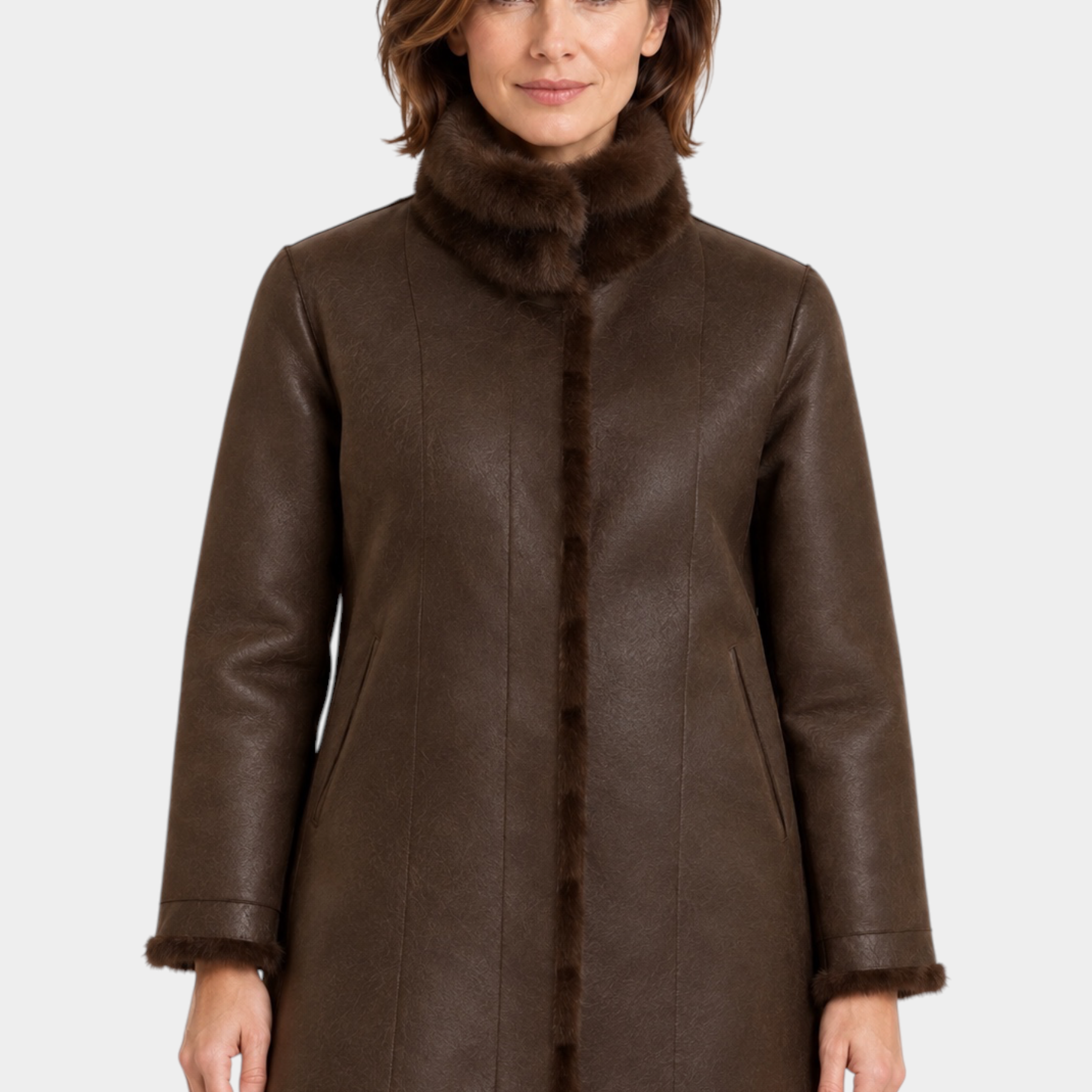 Cappotto lungo reversibile marrone Follower SRL con finitura liscia e dettagli in ecopelliccia sul colletto