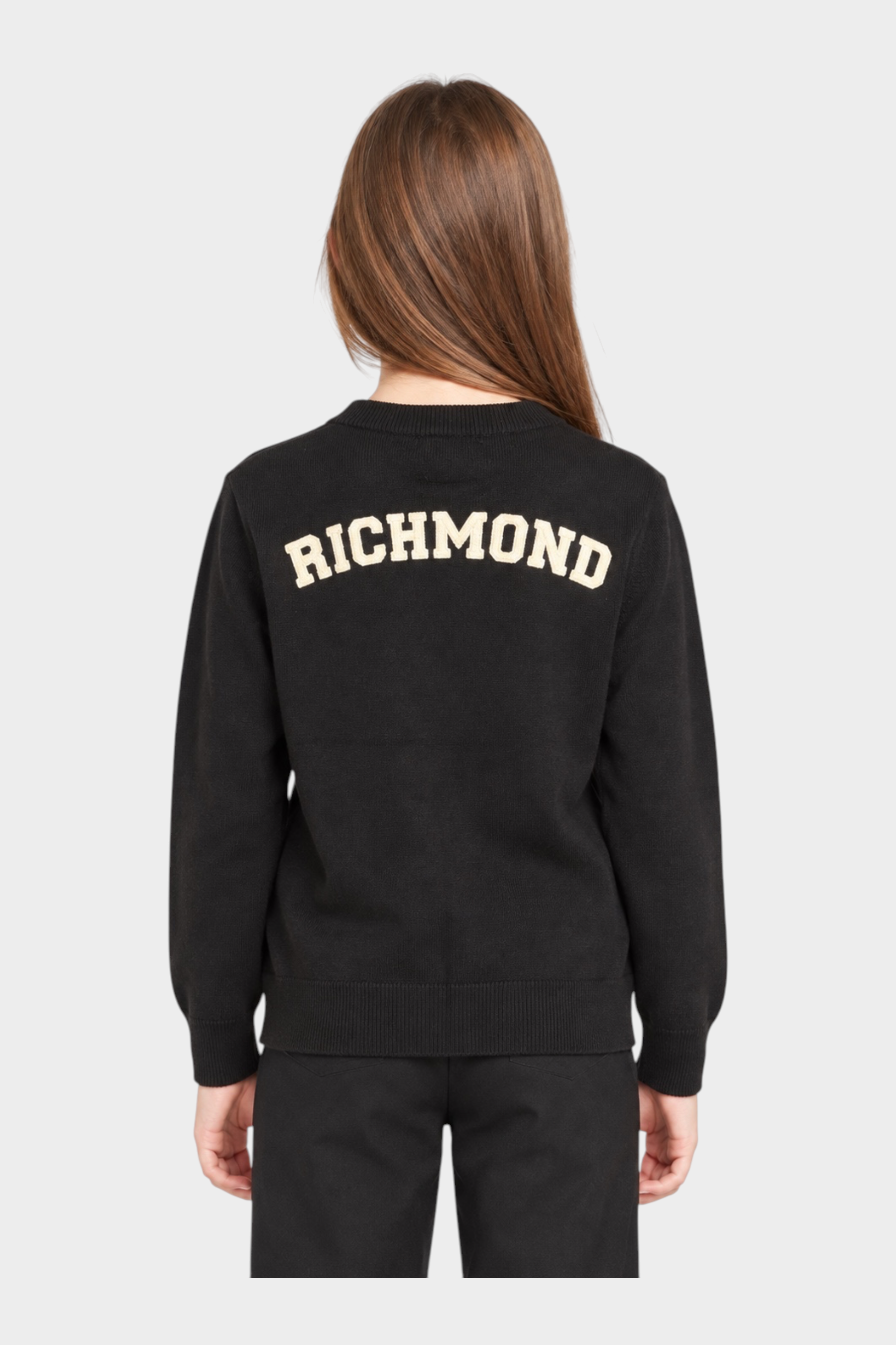 Cardigan nero unisex Follower SRL con logo Richmond bianco a contrasto sulla schiena, vista posteriore