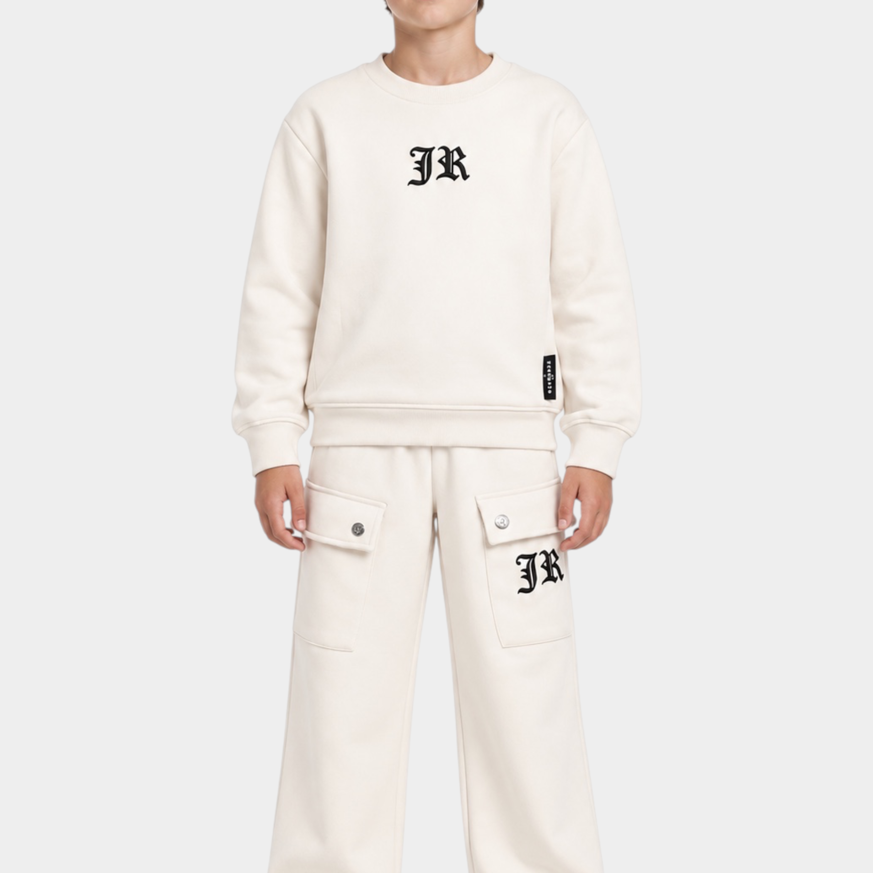 Completo sportivo unisex Follower SRL beige con felpa girocollo e pantaloni cargo con logo JR nero