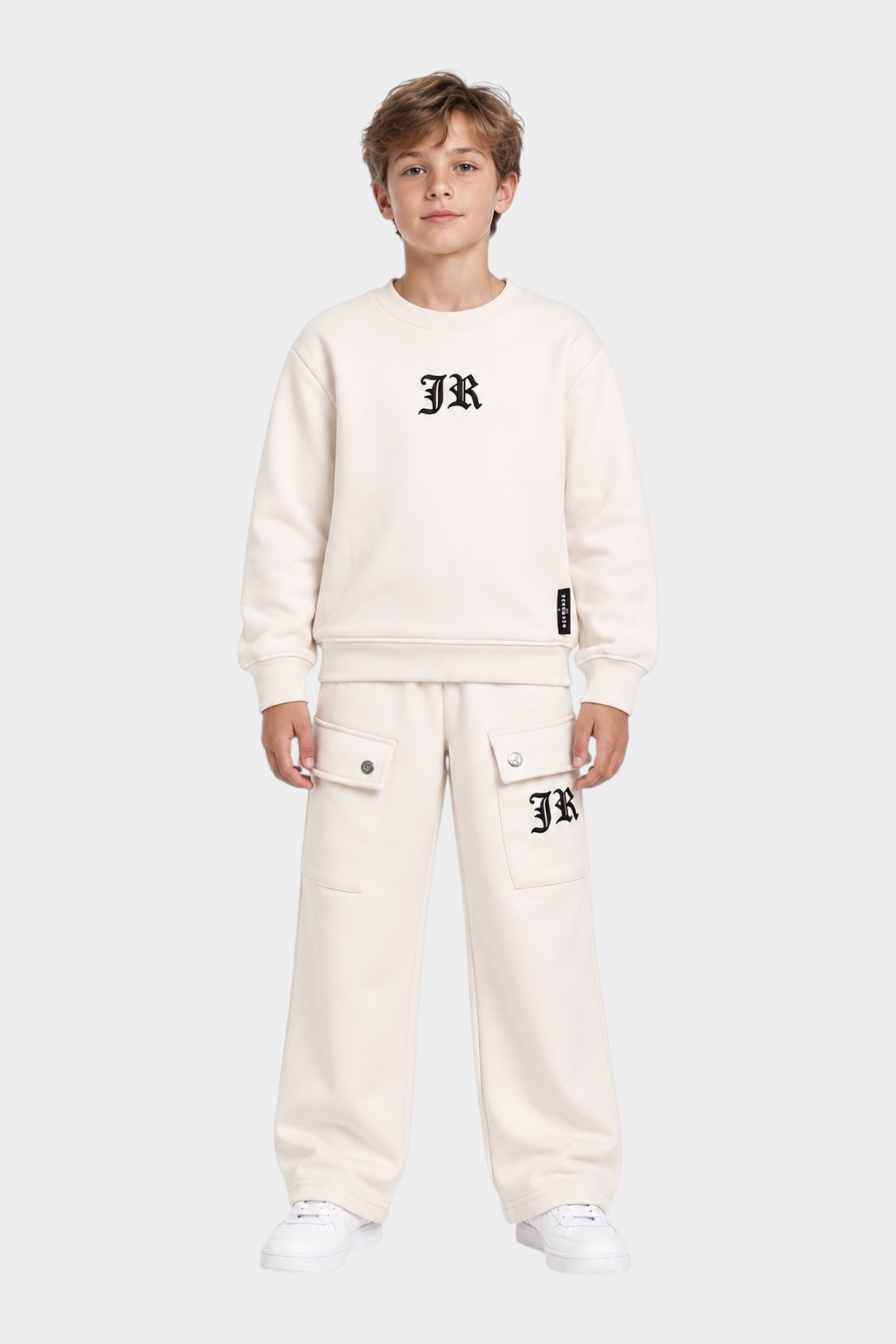 Completo sportivo unisex Follower SRL beige con felpa girocollo e pantaloni cargo con logo JR nero