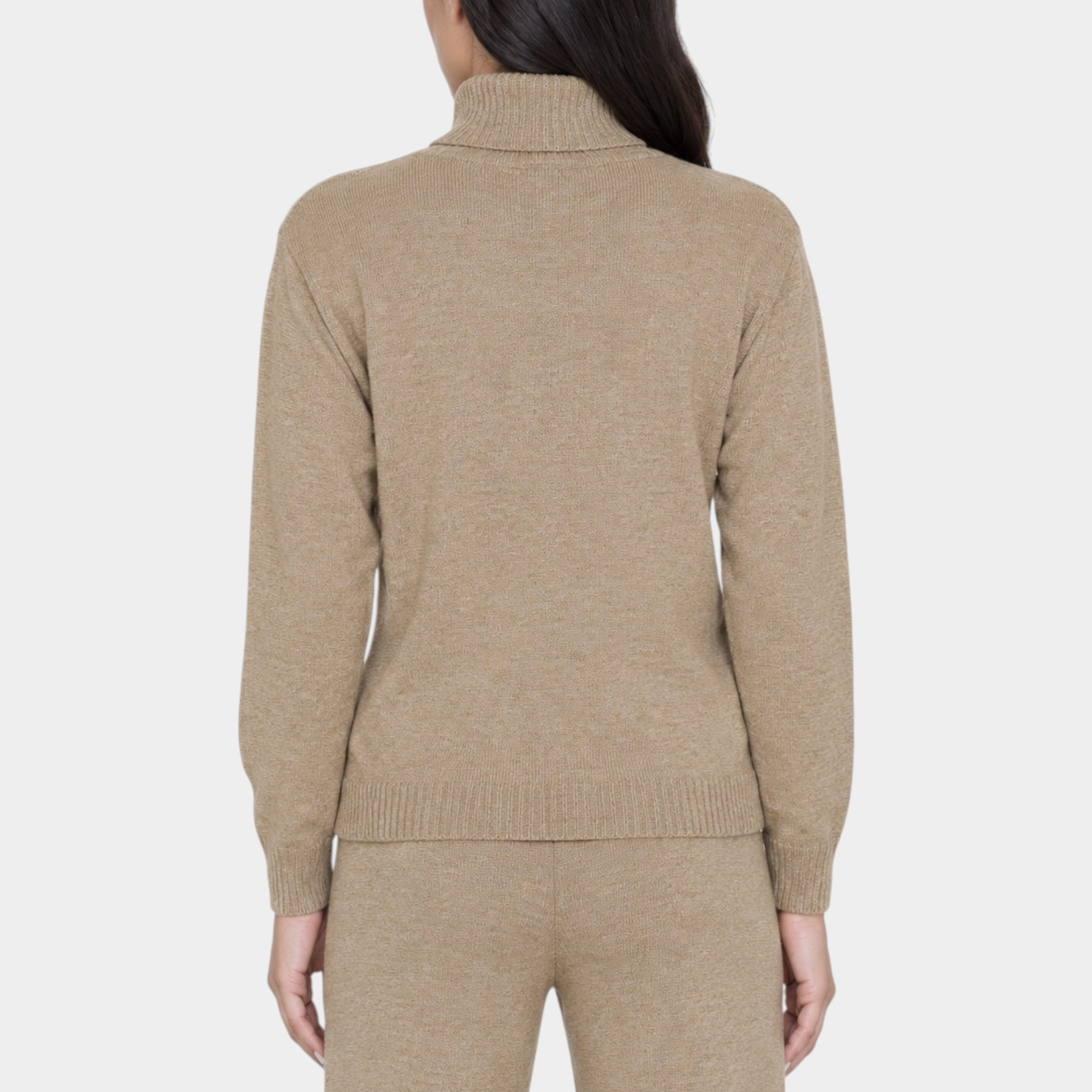 Vista posteriore di un dolcevita beige Follower SRL in maglia a collo alto indossato da una modella