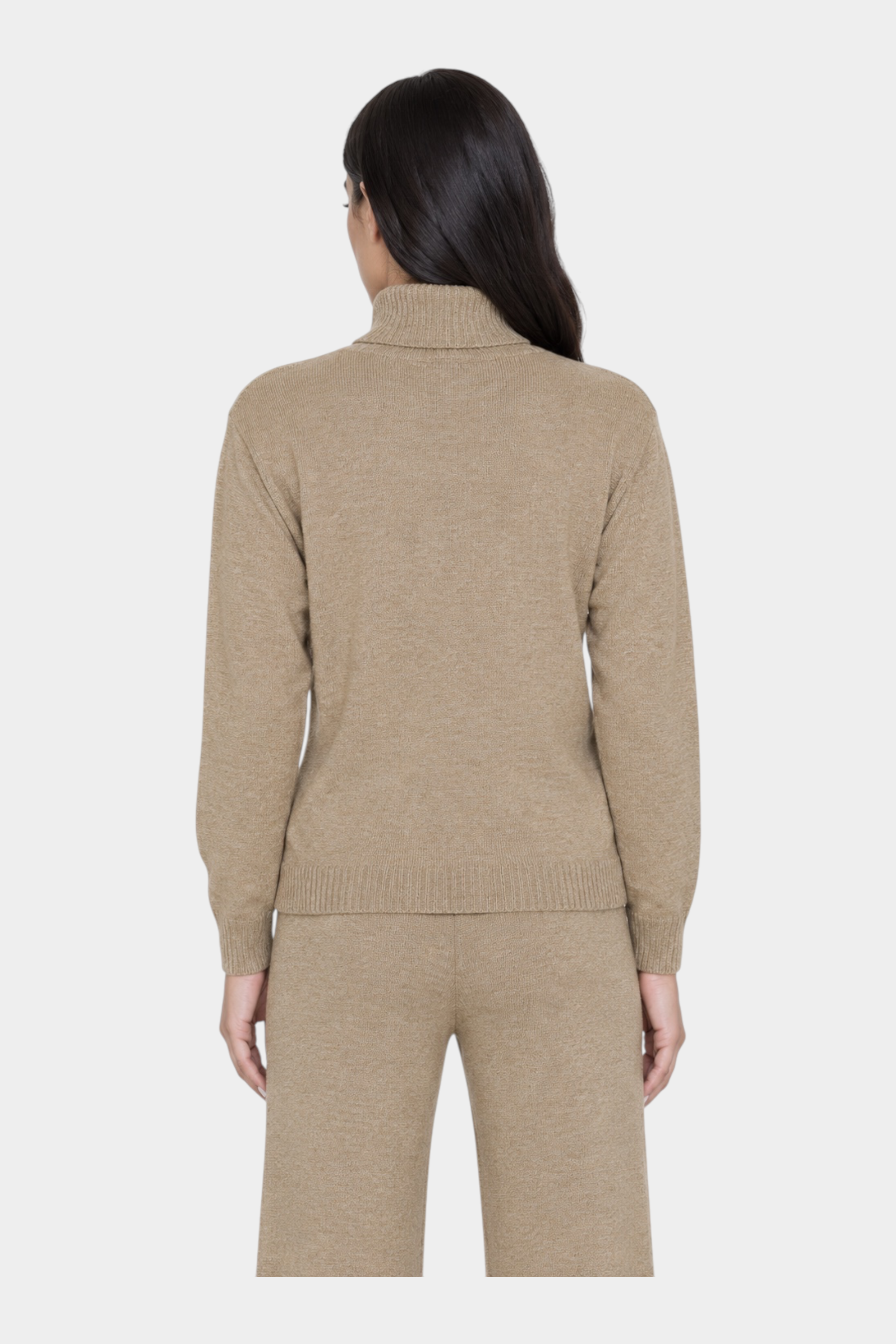 Vista posteriore di un dolcevita beige Follower SRL in maglia a collo alto indossato da una modella