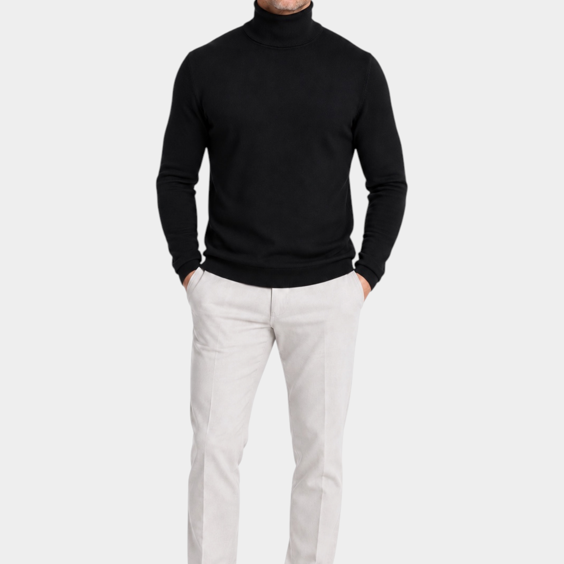 Modello indossa dolcevita nero in filo Ragno con pantaloni chiari e scarpe eleganti, stile casual Follower SRL